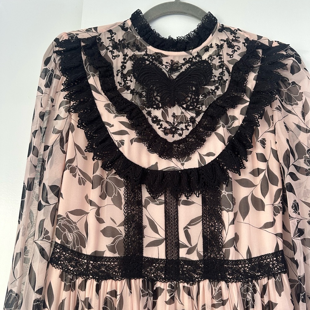 Floral Lace Dress with Black Accents
